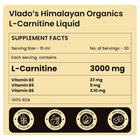 Vlado's Himalayan Organics L Carnitine Liquid 3000 mg I with Vitamin B3, B5, B6 I Pre Workout, Intra Workout & Post Workout Supplement I | Converts Fat to Muscle