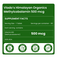 Vladoâ€™s Himalayan Organics Vitamin B12 500mcg â€“ Methylcobalamin Tablets for Energy, Brain, Heart & Nerve Health â€“ 90 Veg Tablets