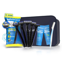LetsShave Pro 2 Disposable Kit Travel Kit For Men (Pro 2 Plus Disposable Razor 5pcs + After Shave Balm 30ml + Transparent Shave Gel 30ml + Travel Pouch + Pro Styler 1Pcs) Kit