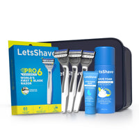 LetsShave Pro 6 Portable Razor for Men, 3 Razor + Shave Foam 200g + After Shave Balm 30ml + Travel Pouch, World's First 6 Blade Disposable Razor Shaving Set for Men Kit