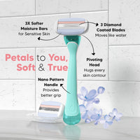 Letsshave Evior 3 Sensitive Shaving Razor for Women | 1 Handle + 2 Blades | Dual Moisture Bar with AloeVera, Vitamin E, Argan & Avocado Oils | Bikini & Underarm Friendly | Full Body Hair Removal Razor | 3 Months of Smooth Shaving