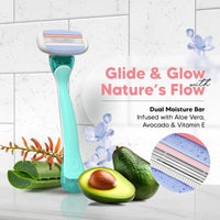 Letsshave Evior 3 Sensitive Shaving Razor for Women | 1 Handle + 2 Blades | Dual Moisture Bar with AloeVera, Vitamin E, Argan & Avocado Oils | Bikini & Underarm Friendly | Full Body Hair Removal Razor | 3 Months of Smooth Shaving