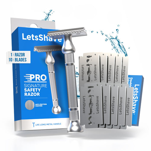 LetsShave Pro Signature Double Edge Safety Razor for Men – Classic Metal Handle Shaver + 10 Stainless Steel Blades | Precision Single Blade Shaving Kit