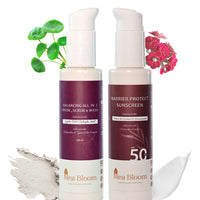 Mea Bloom Skin Armour Duo: Cleanse + Protect (Balancing All-in-1 Mask Scrub & Wash + Barrier Protect Sunscreen SPF50 PA+++) Pack of 2 (100 ml each)