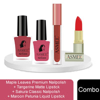 Asmee Hamper 11 Maple Leaves Premium Nail Polish | Tangerine Matte Lipstick | Sakura Classic Nail Polish | Maroon Petunia Liquid Lipstick