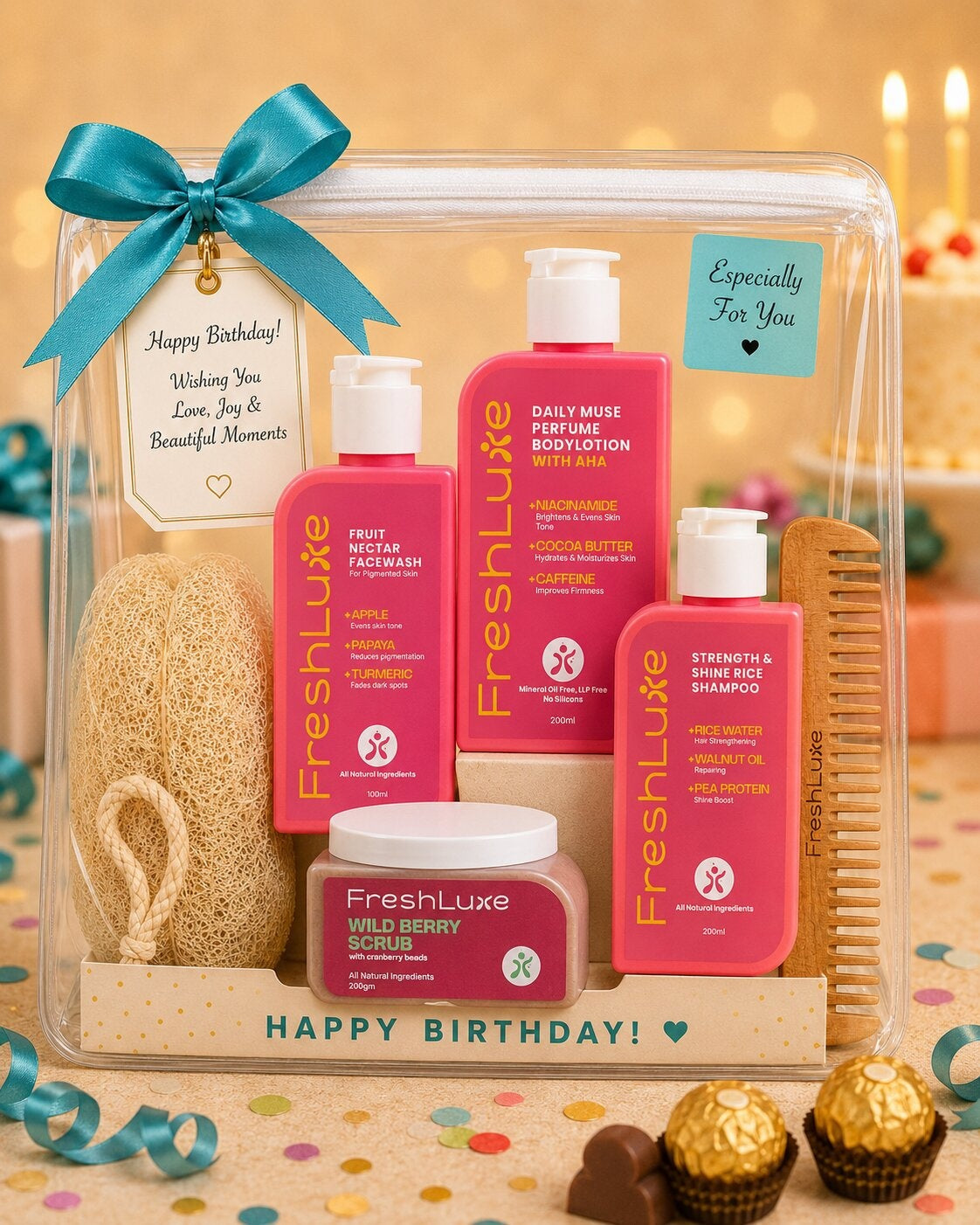 FreshLuxe 4-Piece Birthday Gift Hamper for Women - Gift for Girls | Box, Basket & Birthday Hamper for Her | Body Care Kit & Skin Care Kit for Women - 1