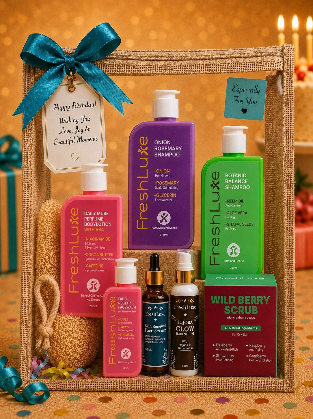 FreshLuxe 7-Piece Birthday Gift Hamper for Women - Gift for Girls | Box, Basket & Birthday Hamper for Her | Body Care Kit & Skin Care Kit for Women - 1