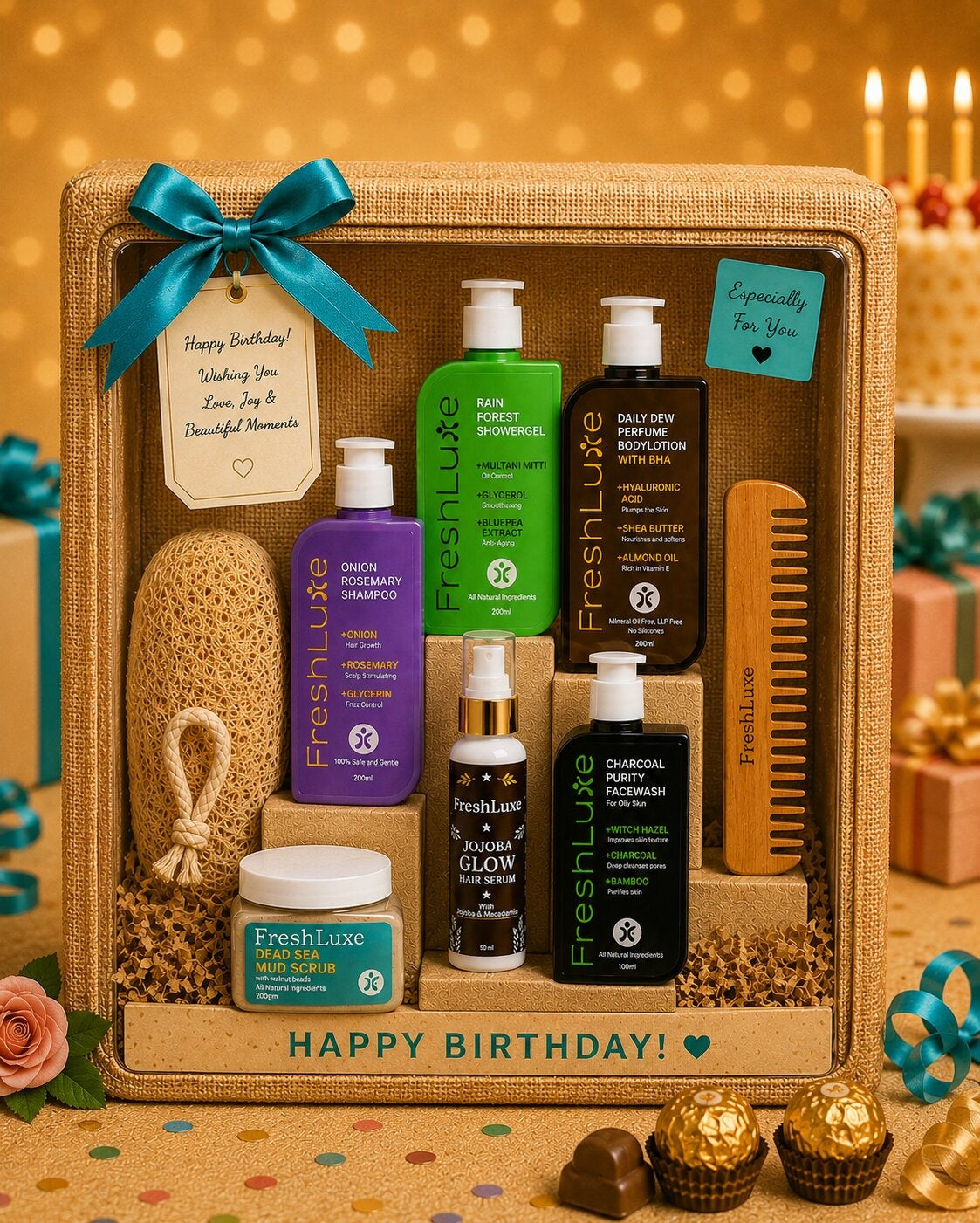 FreshLuxe 6-Piece Gift Hamper for Men Birthday Special - Gift Set for Him | Box, Basket & Birthday Hamper for Boyfriend | Grooming Kit & Skin Care Kit for Men - 1