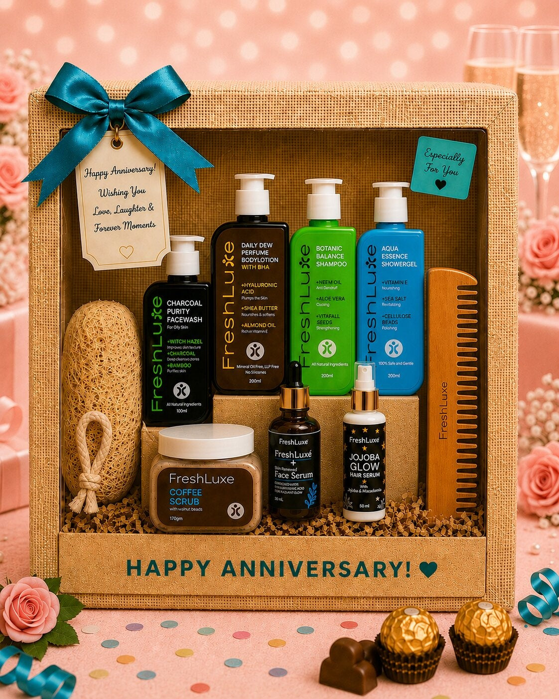 FreshLuxe 7-Piece Anniversary & Wedding Gift Hamper for Men - Gift for Husband | Box, Basket & Anniversary Hamper for Him | Grooming Kit & Skin Care Kit - 1