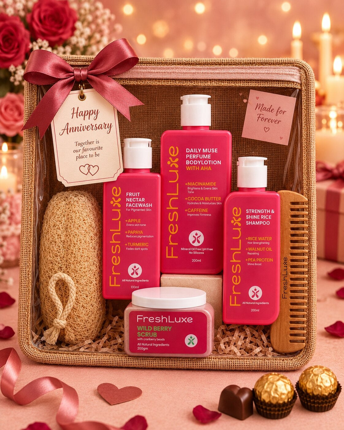 FreshLuxe 4-Piece Anniversary & Wedding Gift Hamper for Women - Gift for Wife | Box, Basket & Anniversary Hamper for Her | Skin Care & Self Care Kit - 1