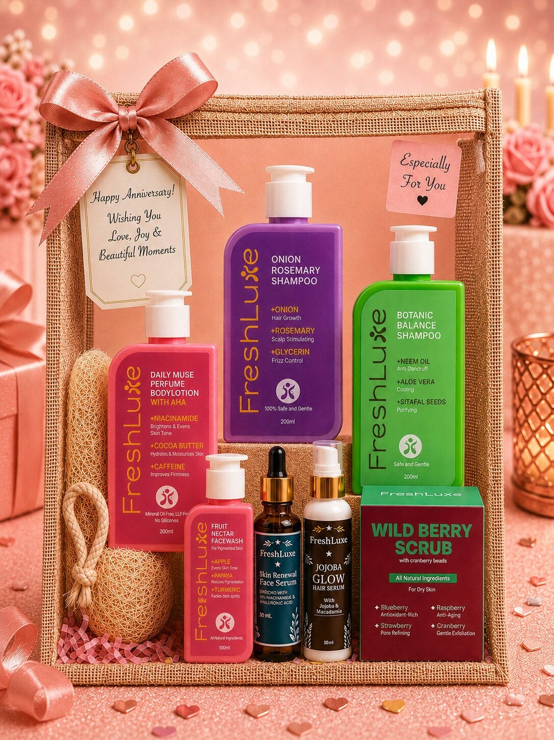 FreshLuxe 7-Piece Anniversary & Wedding Gift Hamper for Women - Gift for Wife | Box, Basket & Anniversary Hamper for Her | Skin Care & Self Care Kit - 1