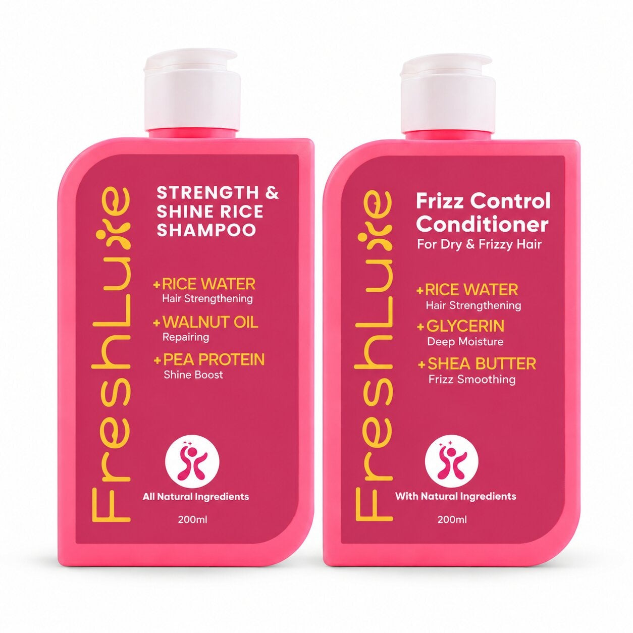 FreshLuxe Rice Water Shampoo and Conditioner Combo for Dry & Frizzy Hair (Strength & Shine Rice Shampoo + Frizz Control Conditioner) 200ml + 200ml - 1