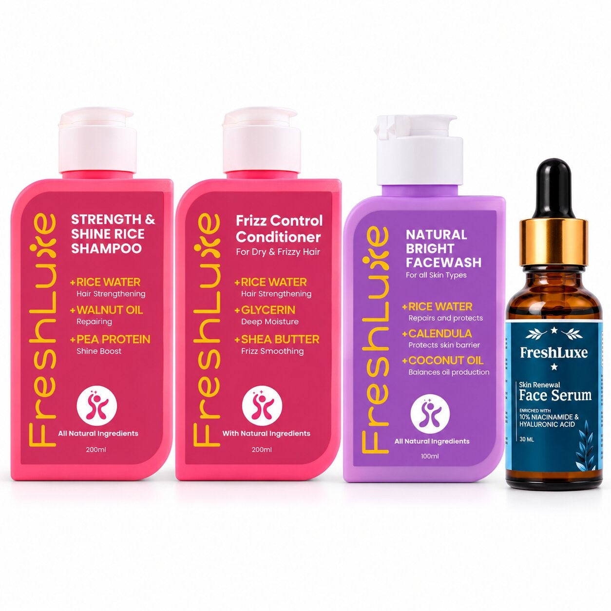 FreshLuxe Rice Water Hair & Skin Care Kit: Shampoo, Conditioner, Face Wash & 10% Niacinamide Face Serum Set of 4 - 1