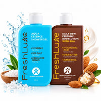 FreshLuxe Body Wash and Body Lotion Combo: Aqua Essence Exfoliating Shower Gel with Sea Salt + Daily Dew Perfume Body Lotion with BHA & Shea Butter 200ml + 200ml - 1