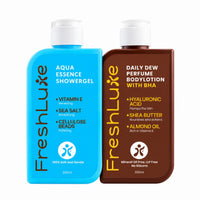 FreshLuxe Body Wash and Body Lotion Combo: Aqua Essence Exfoliating Shower Gel with Sea Salt + Daily Dew Perfume Body Lotion with BHA & Shea Butter 200ml + 200ml - 2