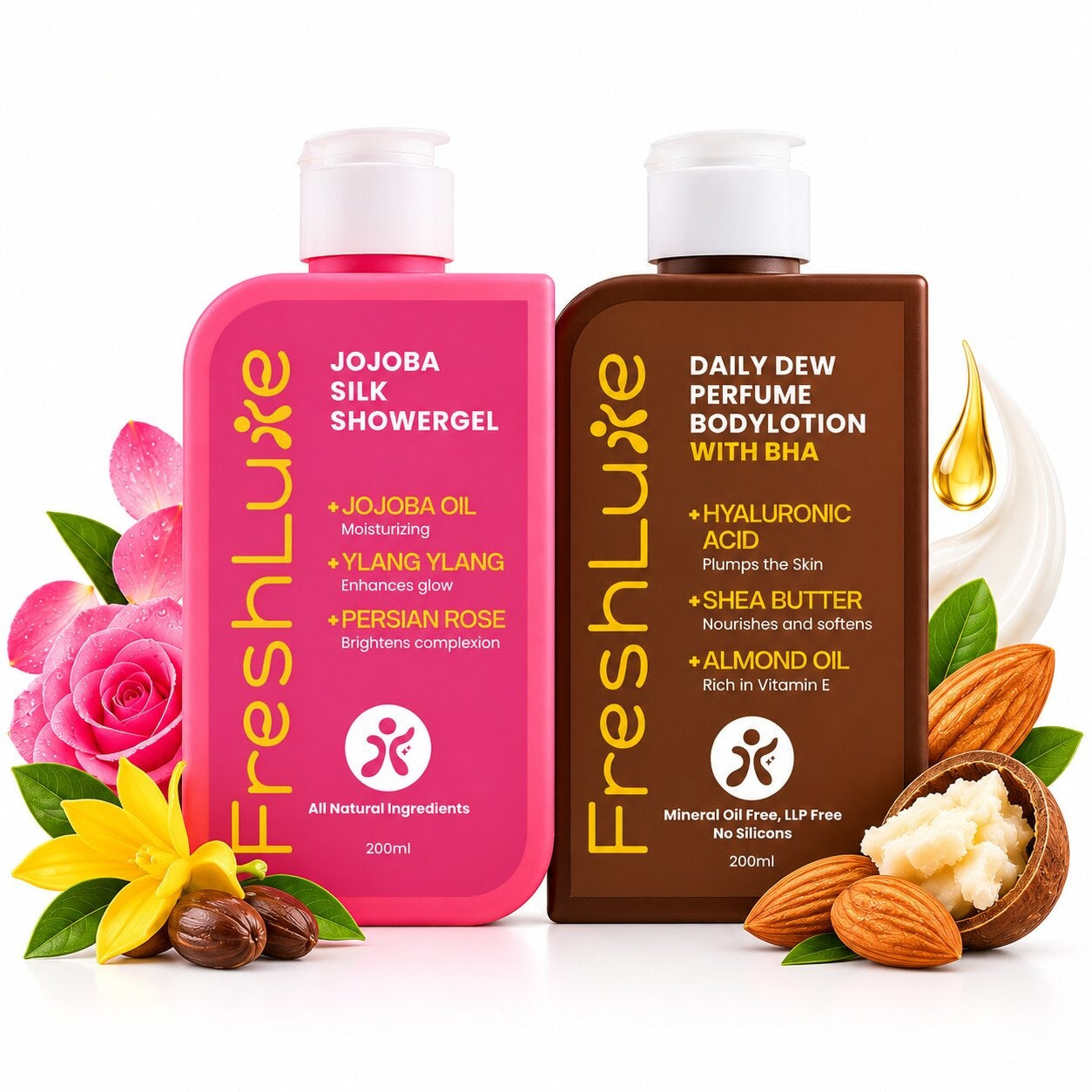 FreshLuxe Body Wash and Body Lotion Combo: Jojoba Silk Rose Shower Gel with Jojoba Oil + Daily Dew Perfume Body Lotion with BHA & Shea Butter 200ml + 200ml - 1