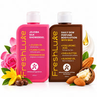 FreshLuxe Body Wash and Body Lotion Combo: Jojoba Silk Rose Shower Gel with Jojoba Oil + Daily Dew Perfume Body Lotion with BHA & Shea Butter 200ml + 200ml - 1