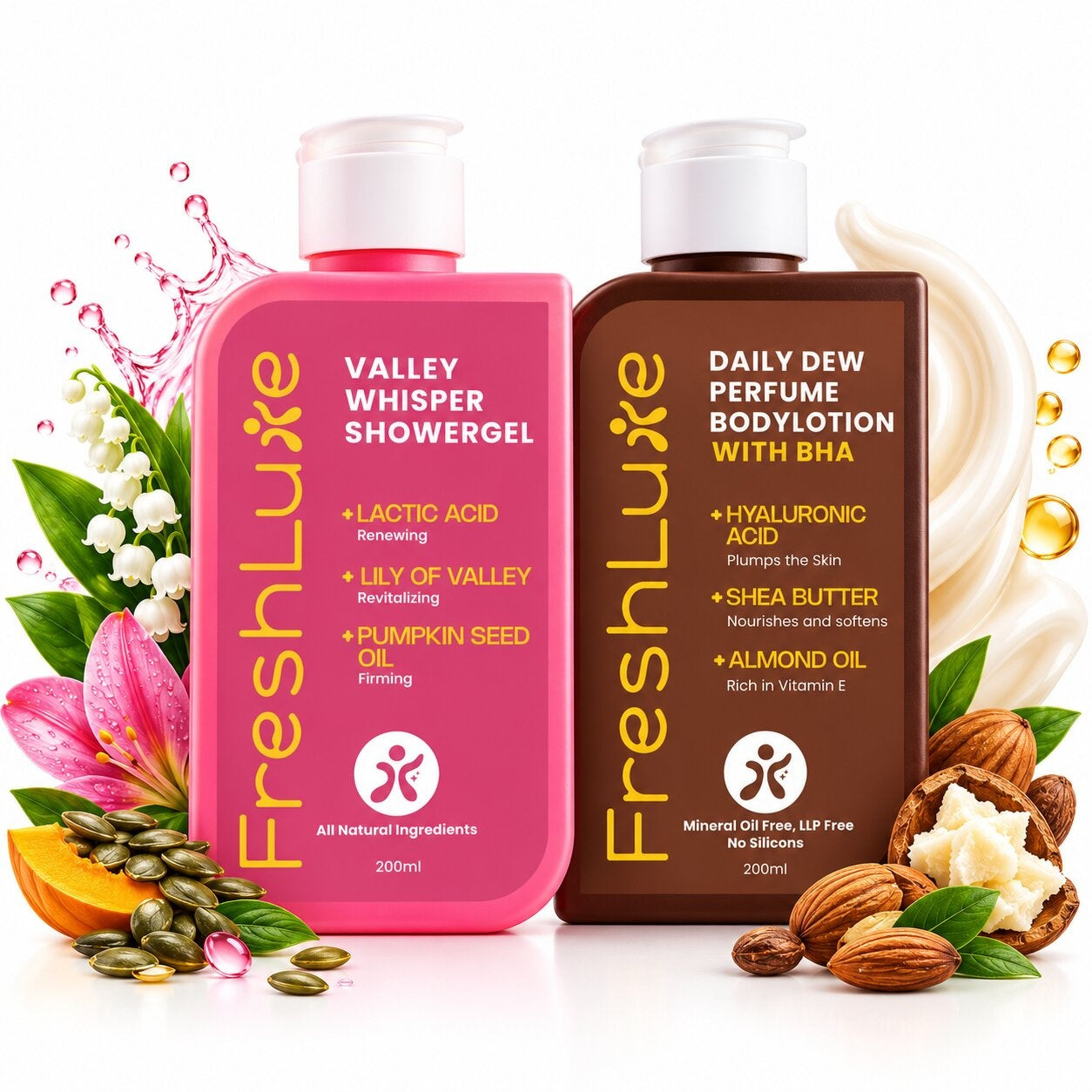 FreshLuxe Body Wash and Body Lotion Combo: Valley Whisper Lactic Acid Shower Gel + Daily Dew Perfume Body Lotion with BHA & Shea Butter 200ml + 200ml - 1
