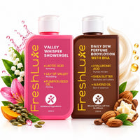 FreshLuxe Body Wash and Body Lotion Combo: Valley Whisper Lactic Acid Shower Gel + Daily Dew Perfume Body Lotion with BHA & Shea Butter 200ml + 200ml - 1