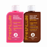 FreshLuxe Body Wash and Body Lotion Combo: Valley Whisper Lactic Acid Shower Gel + Daily Dew Perfume Body Lotion with BHA & Shea Butter 200ml + 200ml - 2