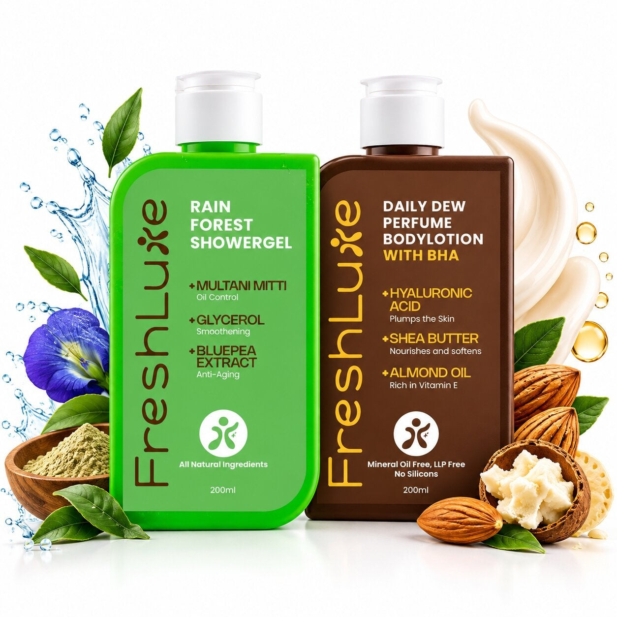 FreshLuxe Body Wash and Body Lotion Combo: Rain Forest Oil Control Shower Gel with Multani Mitti + Daily Dew Perfume Body Lotion with BHA & Shea Butter 200ml + 200ml - 1