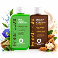 FreshLuxe Body Wash and Body Lotion Combo: Rain Forest Oil Control Shower Gel with Multani Mitti + Daily Dew Perfume Body Lotion with BHA & Shea Butter 200ml + 200ml - 1