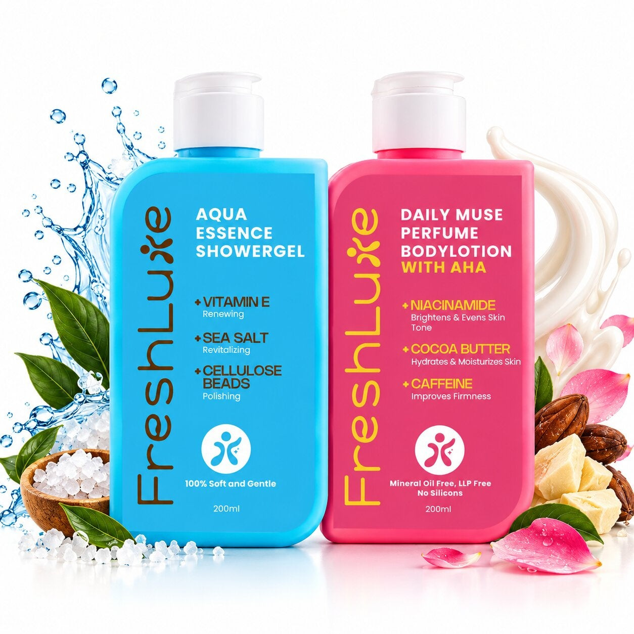 FreshLuxe Body Wash and Body Lotion Combo: Aqua Essence Exfoliating Shower Gel with Sea Salt + Daily Muse Brightening Perfume Body Lotion with AHA & Niacinamide 200ml + 200ml - 1