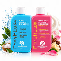 FreshLuxe Body Wash and Body Lotion Combo: Aqua Essence Exfoliating Shower Gel with Sea Salt + Daily Muse Brightening Perfume Body Lotion with AHA & Niacinamide 200ml + 200ml - 1