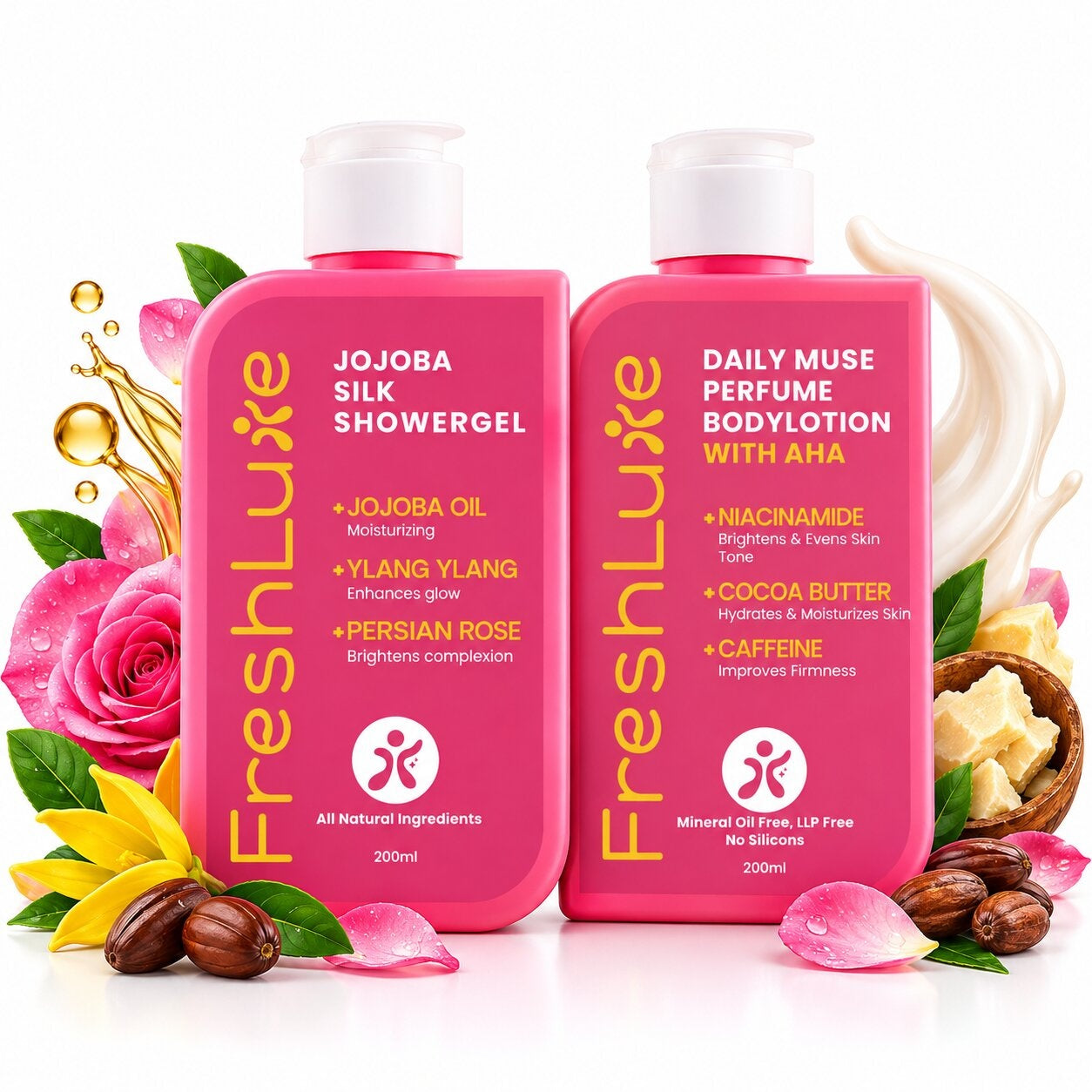 FreshLuxe Body Wash and Body Lotion Combo: Jojoba Silk Rose Shower Gel with Jojoba Oil + Daily Muse Brightening Perfume Body Lotion with AHA & Niacinamide 200ml + 200ml - 1