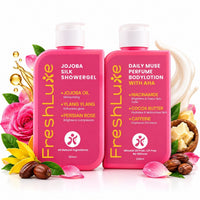 FreshLuxe Body Wash and Body Lotion Combo: Jojoba Silk Rose Shower Gel with Jojoba Oil + Daily Muse Brightening Perfume Body Lotion with AHA & Niacinamide 200ml + 200ml - 1