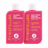 FreshLuxe Body Wash and Body Lotion Combo: Jojoba Silk Rose Shower Gel with Jojoba Oil + Daily Muse Brightening Perfume Body Lotion with AHA & Niacinamide 200ml + 200ml - 2