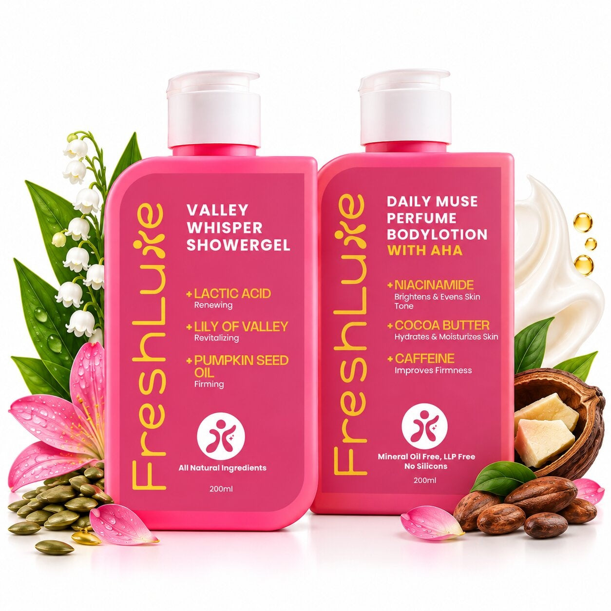 FreshLuxe Body Wash and Body Lotion Combo: Valley Whisper Lactic Acid Shower Gel + Daily Muse Brightening Perfume Body Lotion with AHA & Niacinamide 200ml + 200ml - 1