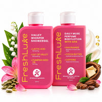 FreshLuxe Body Wash and Body Lotion Combo: Valley Whisper Lactic Acid Shower Gel + Daily Muse Brightening Perfume Body Lotion with AHA & Niacinamide 200ml + 200ml - 1