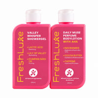FreshLuxe Body Wash and Body Lotion Combo: Valley Whisper Lactic Acid Shower Gel + Daily Muse Brightening Perfume Body Lotion with AHA & Niacinamide 200ml + 200ml - 2