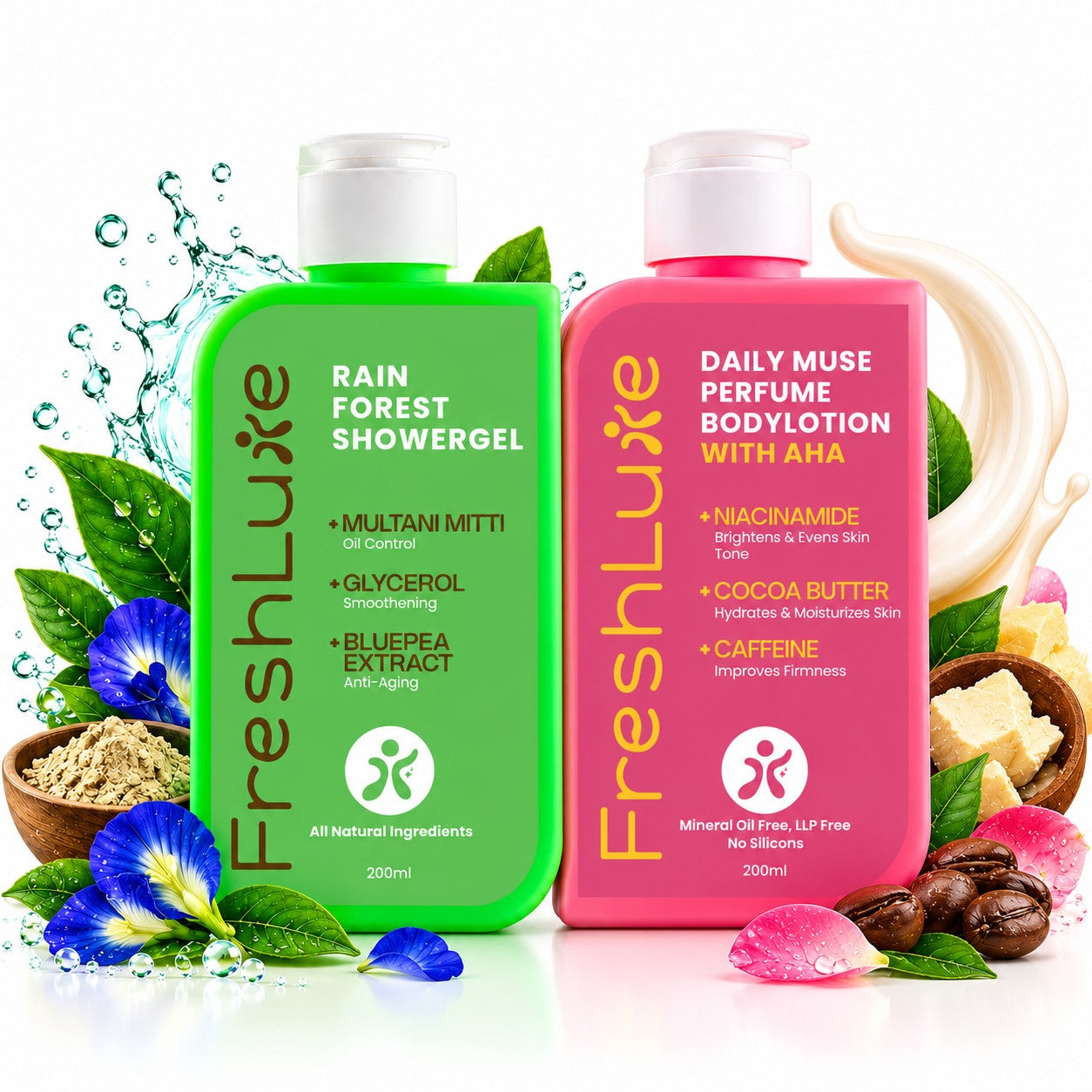 FreshLuxe Body Wash and Body Lotion Combo: Rain Forest Oil Control Shower Gel with Multani Mitti + Daily Muse Brightening Perfume Body Lotion with AHA & Niacinamide 200ml + 200ml - 1