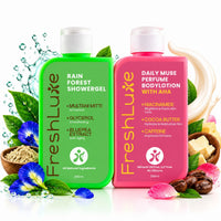 FreshLuxe Body Wash and Body Lotion Combo: Rain Forest Oil Control Shower Gel with Multani Mitti + Daily Muse Brightening Perfume Body Lotion with AHA & Niacinamide 200ml + 200ml - 1
