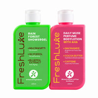 FreshLuxe Body Wash and Body Lotion Combo: Rain Forest Oil Control Shower Gel with Multani Mitti + Daily Muse Brightening Perfume Body Lotion with AHA & Niacinamide 200ml + 200ml - 2
