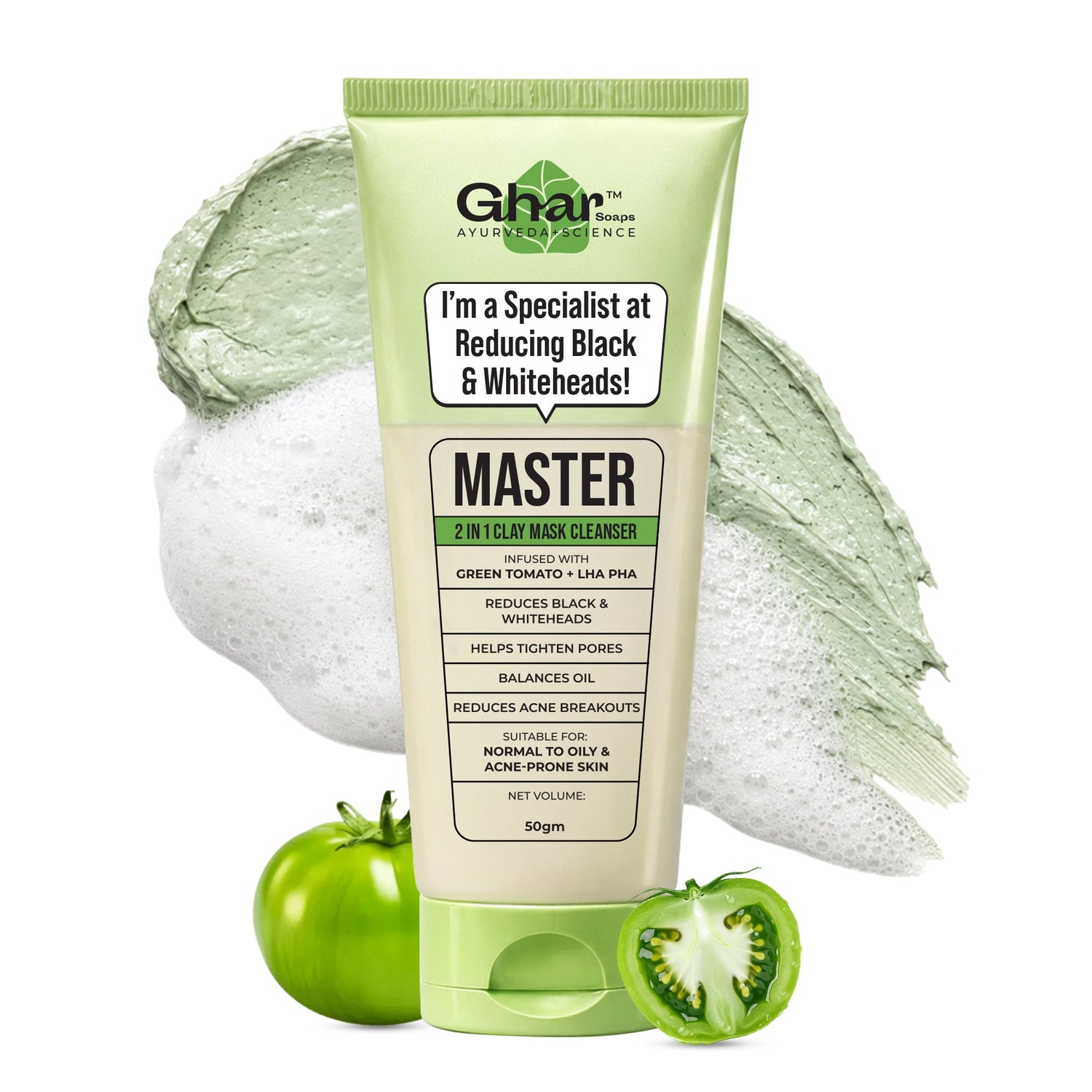 Ghar Soaps Master Clay Mask Cleanser | For reducing blackheads and whiteheads | With Green Tomato Extract & Kaolin + green clay | For all skin types - 1
