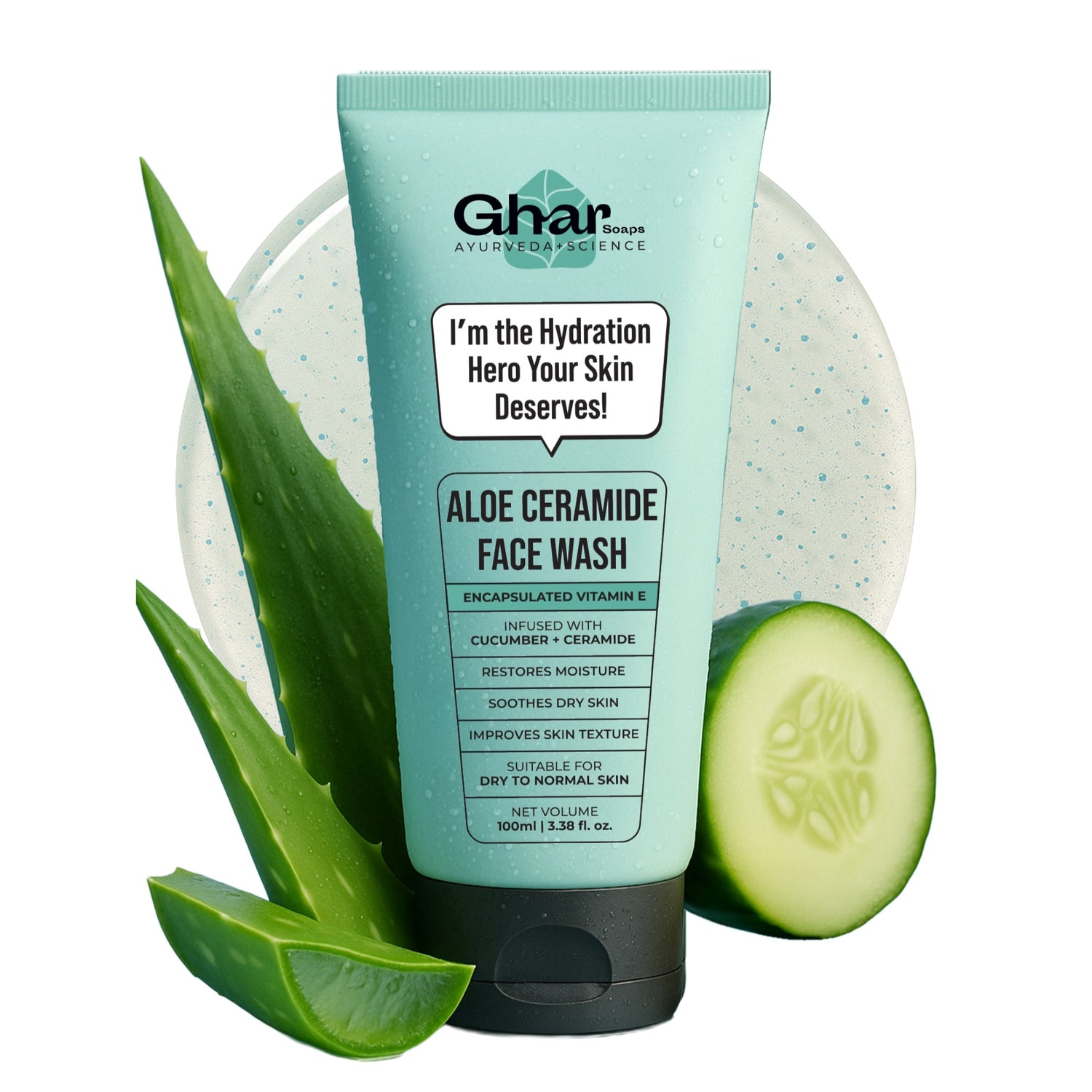 Ghar Soaps Gharsoaps Aloe-Ceramide Face Wash for Dry to Normal Skin | Hydration Hero with Ceramides, Cucumber & Vitamin E | Soothing & Moisturizing Cleanser | 100ml - 1