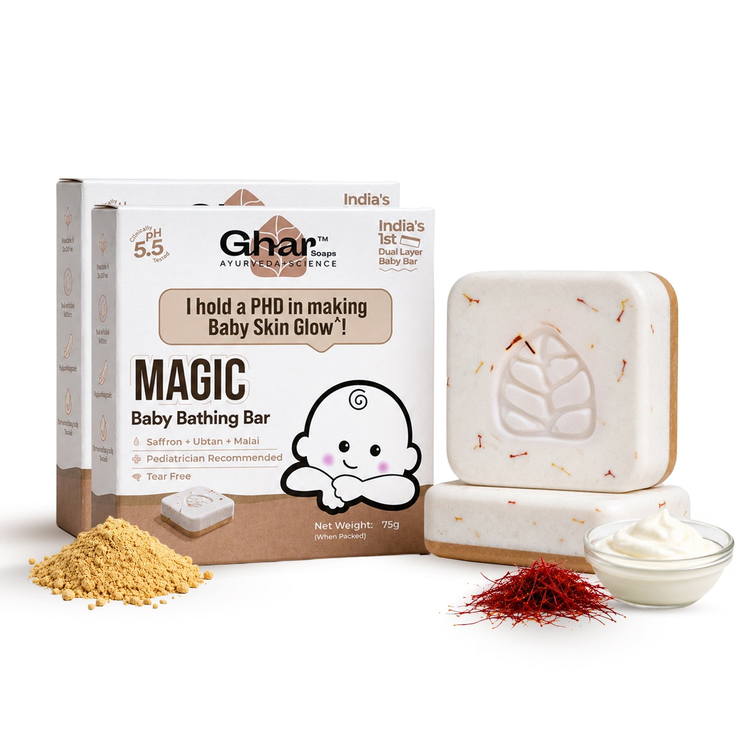Ghar Soaps Magic Baby Bar | For Glowing Baby skin | With Ubtan + Malai + Kesar | pH 5.5 & dermatalogically tested (75g each) - 1