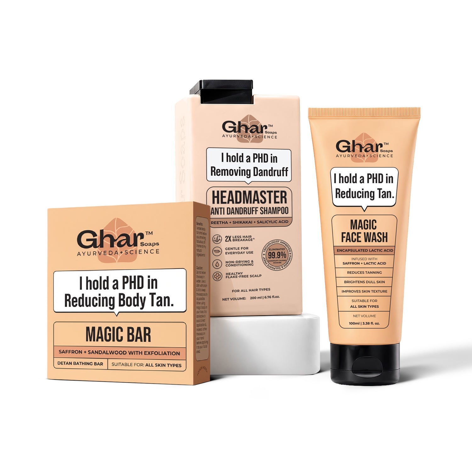 Ghar Soaps Magic Soap, Magic Face Wash & Headmaster Anti-Dandruff Shampoo Combo | Saffron, Sandalwood & Salicylic Acid | Tan Care, Skin Brightening & Scalp Care | For Men & Women 400 gm - 1