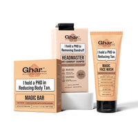 Ghar Soaps Magic Soap, Magic Face Wash & Headmaster Anti-Dandruff Shampoo Combo | Saffron, Sandalwood & Salicylic Acid | Tan Care, Skin Brightening & Scalp Care | For Men & Women 400 gm - 1