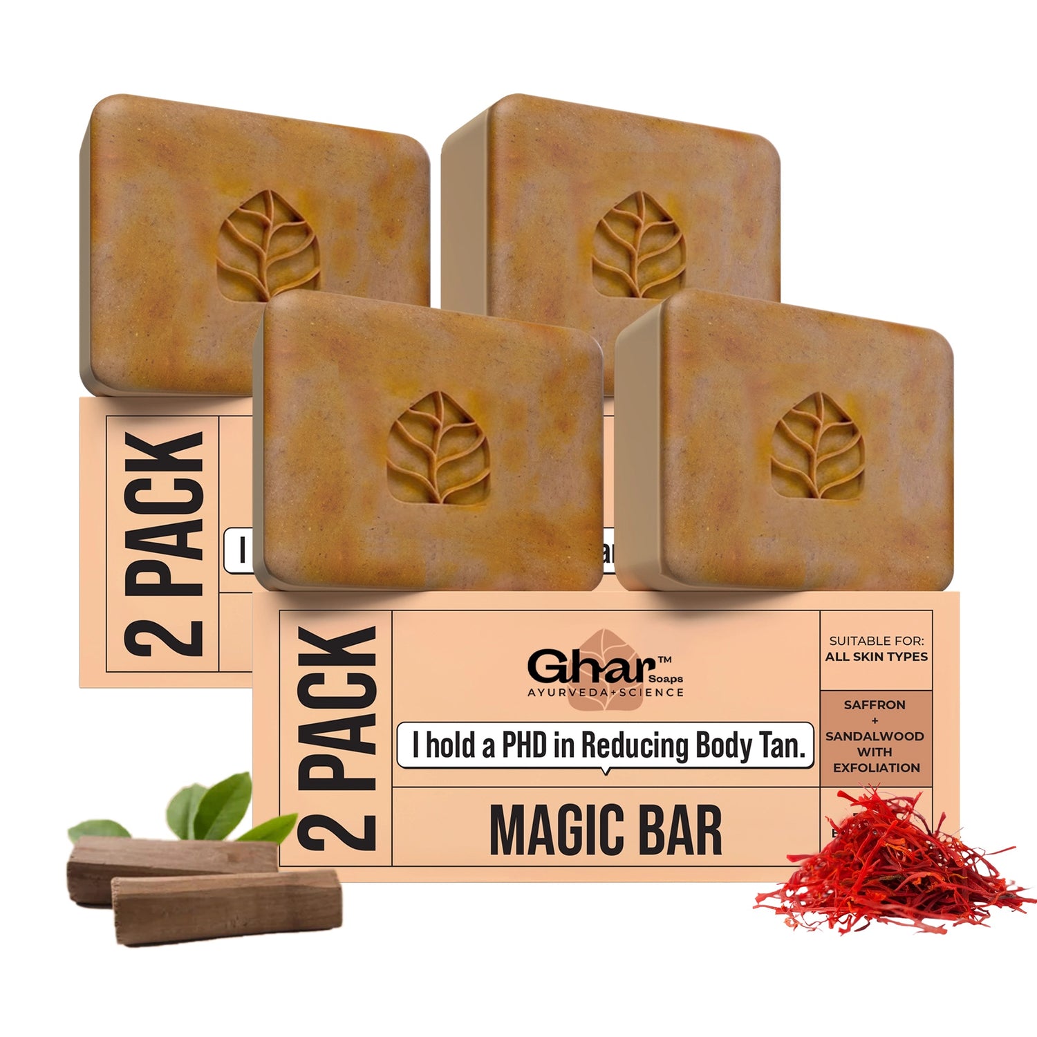 Ghar Soaps Sandalwood & Saffron Magic Bar For Skin Brightening & Glowing Skin (100g x 4 Pack) 400 gm - 1