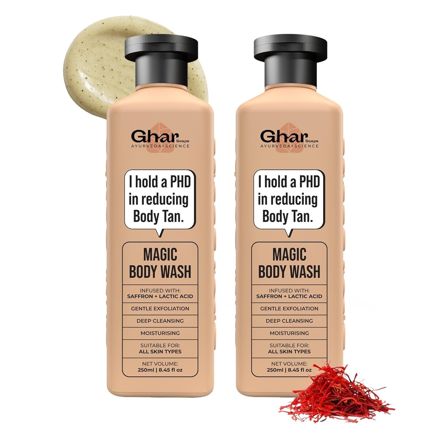 Ghar Soaps Magic De-Tan body wash for tan removal | Exfoliating with Saffron, Lactic Acid & Niacinamide | Detan body wash | Removes Tan & Evens Skin Tone | (250ml x 2 Pack) 500 ml - 1
