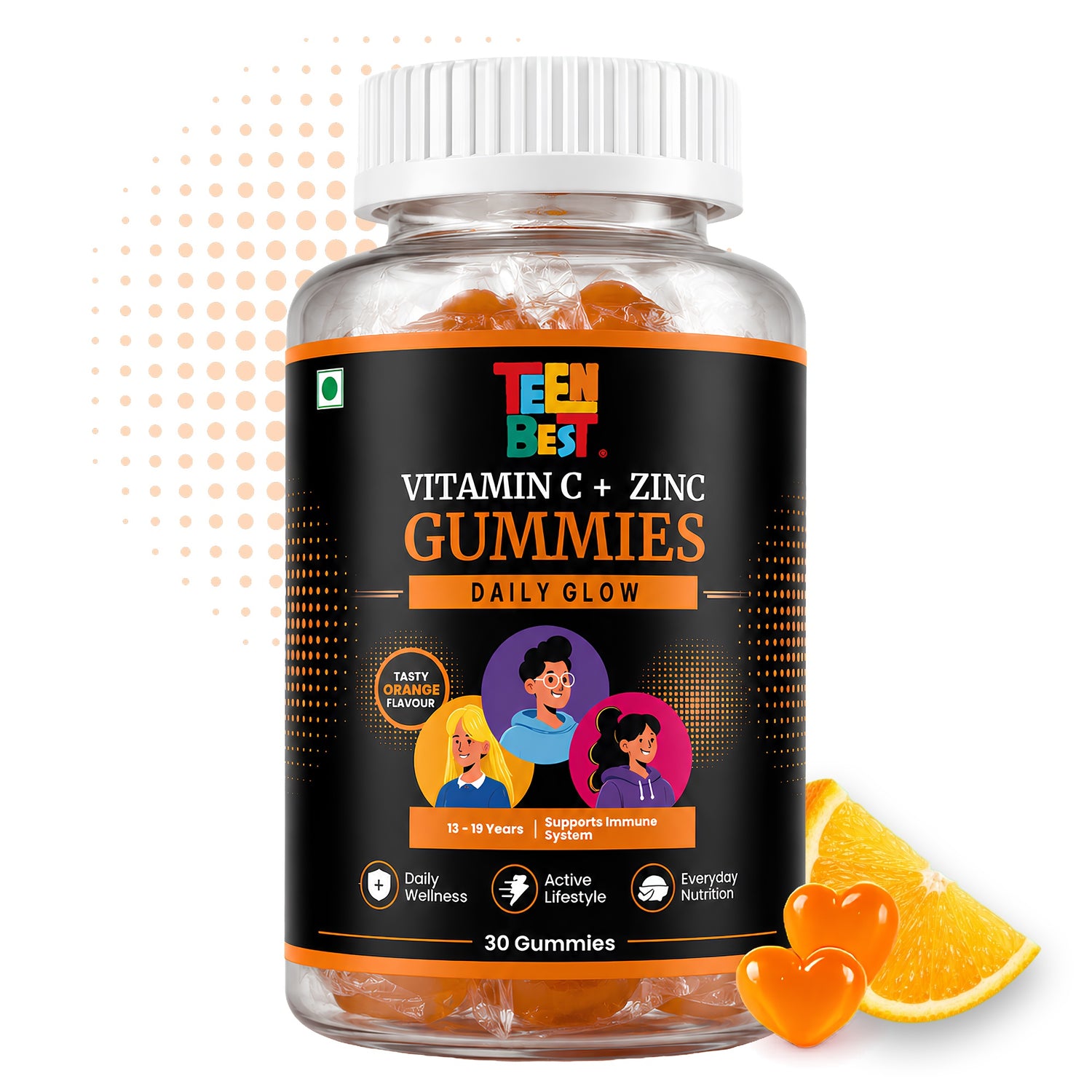 HealthBest Teens Vitamin C with Zinc Gummies for Glowing Skin, Orange Flavour, Supports Immune Health, Energy and Overall Wellness, 30 Gummies for Boys and Girls - 1