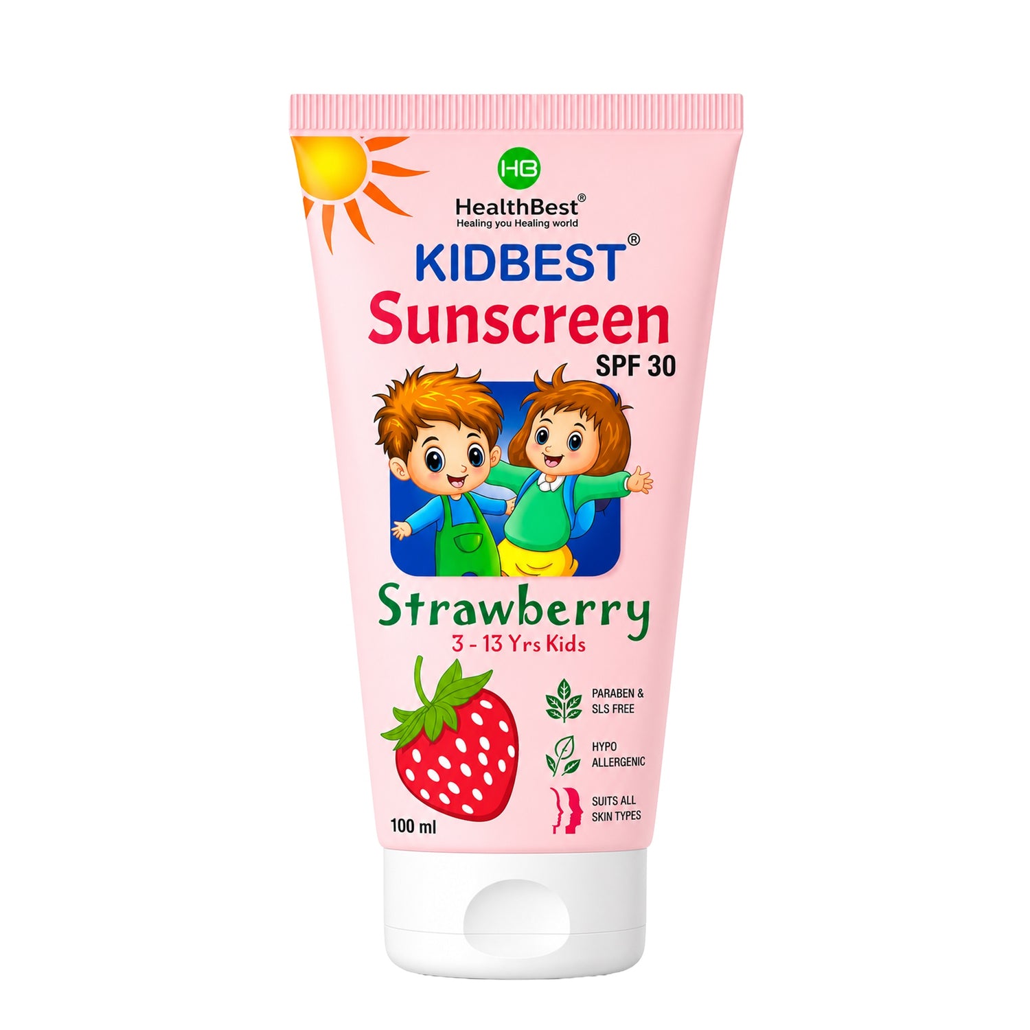 HealthBest Kids Sunscreen SPF 30 PA+++ Strawberry, 100 ml | Boosts Vitamin D Absorption Prevents Tanning - 1
