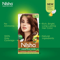 Nisha Creme Hair Color for Women & Men - Natural Brown, 30g+30ml, Long-lasting, 100% Grey Coverage Permanent Hair Colour