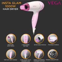 Vega Insta Glam 1000 Hair Dryer VHDH-20 White & Pink