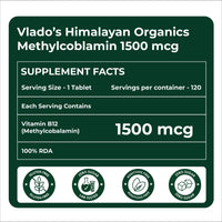 Vlado's Himalayan Organics Vitamin B12 1500 mcg Tablets (Methylcobalamin) â€“ 120 Veg Tablets
