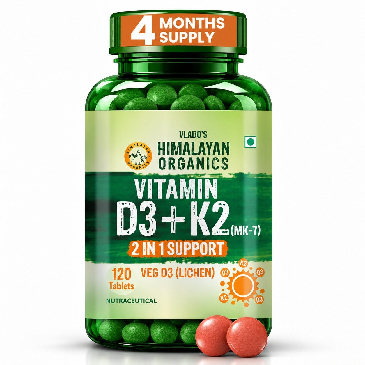 Vlado's Himalayan Organics Vitamin D3 with K2 As MK7 Supplement- 120 Veg Tablets - 1